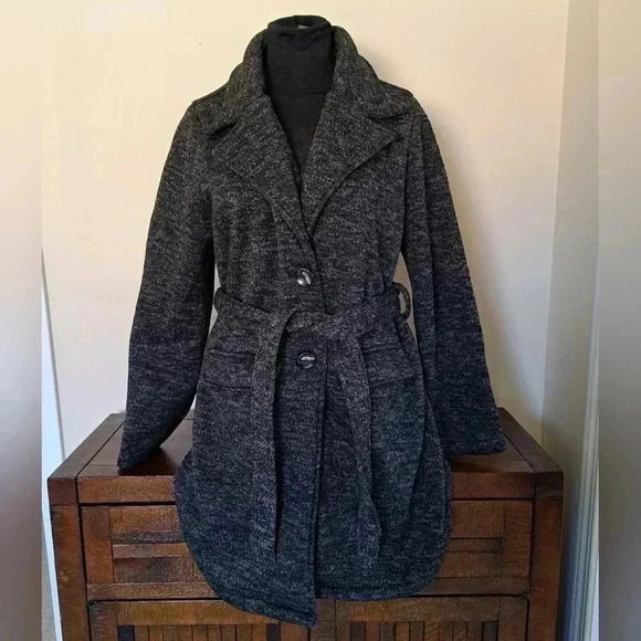 Steve Madden 3/4 Length Knit  Coat Grey Black Heathered Jacket Large Pea Coat - Picture 8 of 12